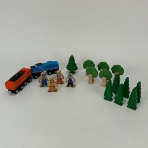 Wooden Train Accessories Set Blue Engine Orange Hopper Car People Trees 17pc